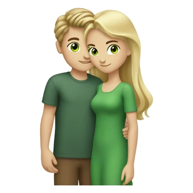 Blond boy with green eyes and brunette girl with brown eyes hold hands in love sticker