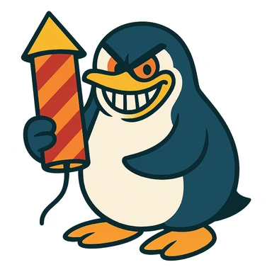 penguin holding a firework, grinning menacingly sticker