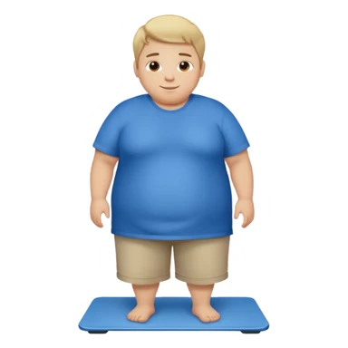 A young male with short dark-blonde hair and medium-light skin, only slightly overweight. He stands on a scale with a relieved, happy expression after noticing weight loss. He wears blue cloth, his posture relaxed with a gentle smile. sticker