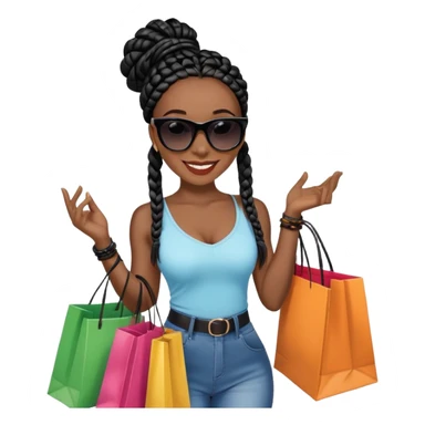 A dark-skinned Black woman with black box braids, holding shopping bags, wearing stylish sunglasses, smiling. sticker