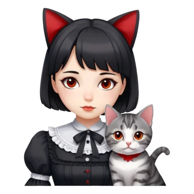 girl wearing black Lolita style dress, with medium-length black hair with red tips, and a gray American Shorthair tabby cat sticker
