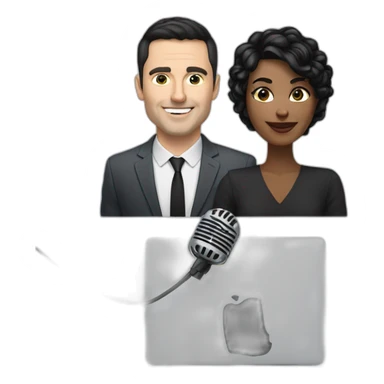 White man with dark hair next to a woman with short white hair, podcasting with mics and a MacBook sticker