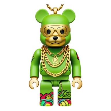 classic bearbrick figure with lime green mask covered in chaotic brand logos, wearing several large gold chains, gold pendant, rapper style accessories, expressive eyebrows sticker