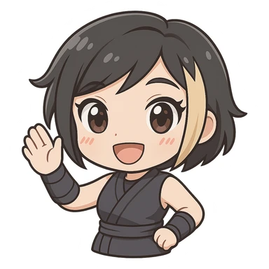Make this exact chibi ninja girl wave forward (toward viewer), keeping the same anime chibi style, face, outfit, and colors. Only change the arm position for animation. Transparent background, sized for Twitch emoji use. sticker