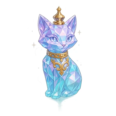 very luxurious crystal elixir bottle in the shape of a kitten, pastel gradient, lots of shine, edges, ornaments, golden details, magical effects, very small golden collar, transparent background, beautiful merging base, clearly floating in the air, no base or shadow, premium class, playful, fitting a collection sticker