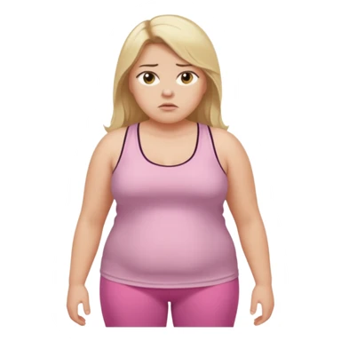 Create a young woman with long blonde hair, golden eyes, and medium-light skin tone, wearing a light pink tank top and leggings. but she is overweight  She should be in portrait mode, but with a subtle doubting facial expression—slightly raised eyebrow, small frown, sticker