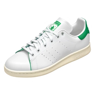 White and green Adidas Stan Smith sneakers with iconic green heel tab and perforated three stripes on the sides sticker