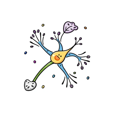 Neuroprotective mechanism illustration: central yellow neuron with orange cell body, blue dendrites, and long green axon, surrounded by supportive glial cells in purple and protective molecules shown as small colored shields. Hand-drawn anatomical diagram with detailed cellular components. sticker