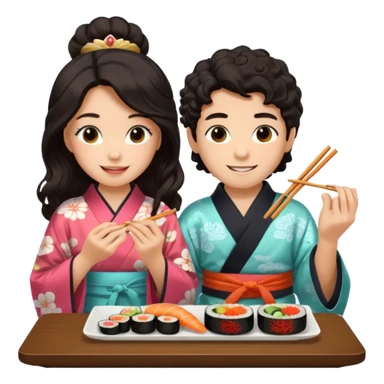 czarnowłosa ksieżniczka w dlugich wlosach je sushi z chłopakiem o czarno brązowych kręconych włosach i są zadowoleni sticker