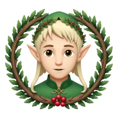 Fantasy elf portrait emoji, winter forest wreath made of pine branches and berries, elven ears visible, calm elegant expression, clean simple design, soft winter colors, flat emoji style, high readability, male variant
 sticker