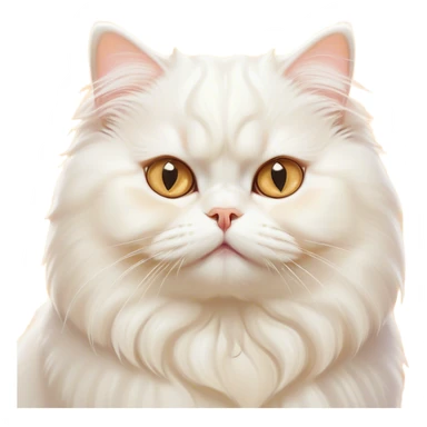 Cinematic Comical White Persian Cat Portrait Emoji, Head tilted playfully with a touch of sass, fluffy white fur with subtle hints of cream and golden tones, Simplified yet hilariously chubby features, highly detailed, glowing with a warm, friendly glow, high shine, a mix of lazy and curious, stylized with a touch of whimsy, bright and endearing with a comical expression, soft glowing outline, capturing the essence of a mischievous yet chubby, fluffy kitty, so endearing it feels like it could stretch out of the screen and demand attention with its cheeky charm! sticker
