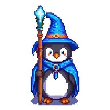 pixel art penguin wizard with a blue robe and staff sticker