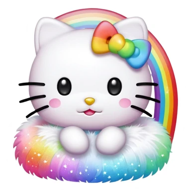Hello Kitty with pure white fur, sparkling glitter, rainbow background, emoji style sticker