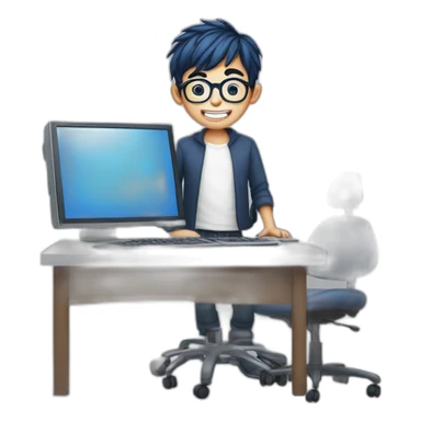 A boy with dark blue hair, round glasses and a dental appliance behind a computer. sticker