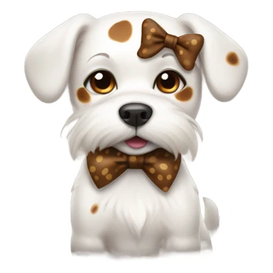 White dog with brown spots with a bow sticker