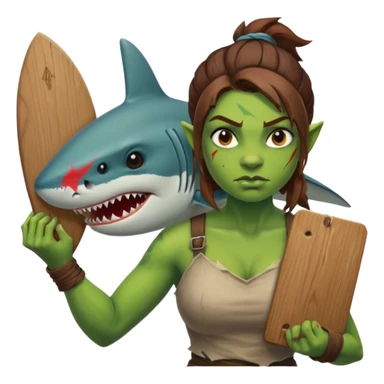 orc female holds a board with a shark painted vertically in his hands sticker