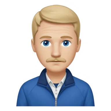 Coach Heider from Mysterious Skin with blue eyes, dark blonde hair and thin mustache, dark blue shirt, white jacket sticker