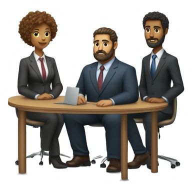 work meeting table 3 men and 4 women sitting on a table wearing suits the women have curly hair and one of the men is fat with a beard and of them is tanned with curly hair sticker
