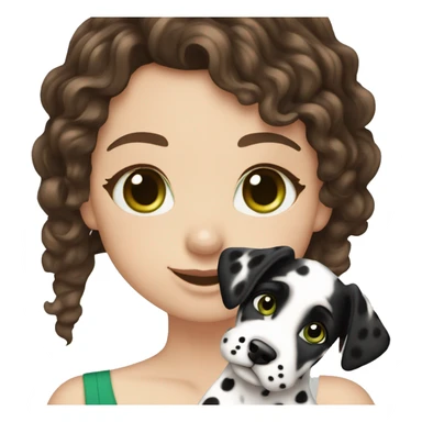 White girl with dark brown curly hair and green eyes is holding Dalmatian puppy sticker