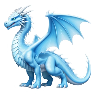 Cinematic Noble wise elegant Ice Dragon full body  Emoji, Poised and imposing, distinct long elegant snout, with a slender, scaled body shimmering in glacial hues of icy blue, frostbitten silver, and crystalline white, breathing out frost, with piercing, glowing ice blue white eyes that radiate the chilling depths of an arctic storm; rendered in detail. excuding wisdom sticker