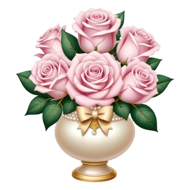 Realistic aesthetic three powder pink and three white rose bouquet  in a pearl vintage vase and a beige bow with gold decoration  sticker