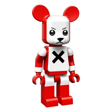 Lego bearbrick with X crosses for eyes, big ears, oversized boots, long limbs, exaggerated proportions, blocky Lego style sticker