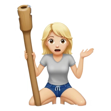 simple blond woman kneeling, surprised, big cartoon stick with D-shaped knob emerging from hanging pants, water splash into her mouth sticker