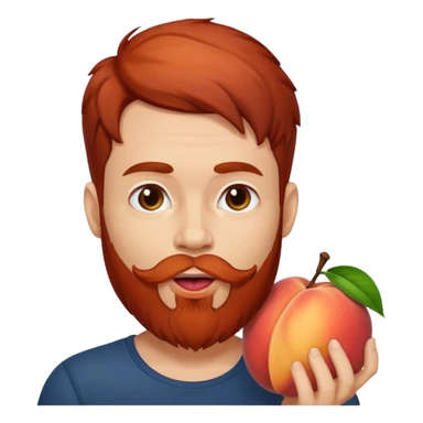 Dark haired Man with red beard licking peach sticker