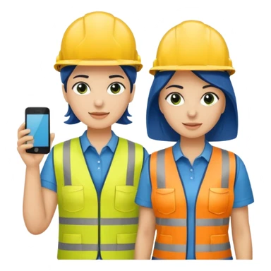 Um homem e uma mulher amarelos com capacete de obras ambos azul escuro e camisa social cinza com faixas refletivas verdes nos braços, Um deles deve estar segurando um megafone sticker