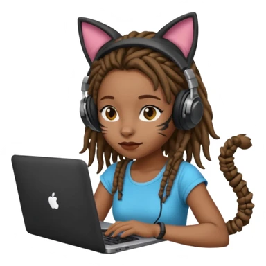 black girl with dreads who works remotely through a laptop with cat ear headphones sticker