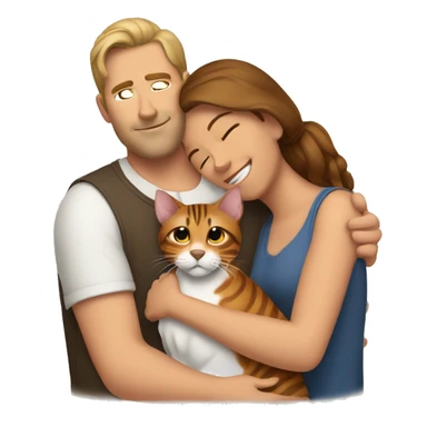 A man hugs a brown-haired woman and a bengal cat sticker