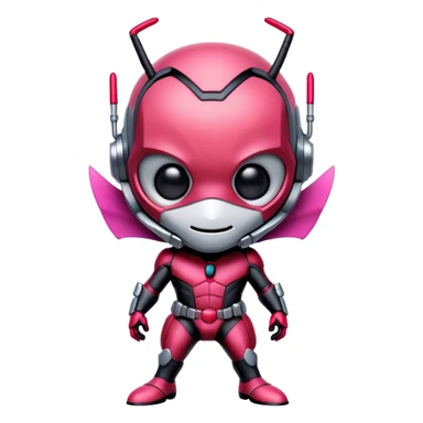 A cute and futuristic ant man mascot with JOKER style. His body is primarily in red-pink and light pink, with subtle dusk black details for contrast. sticker