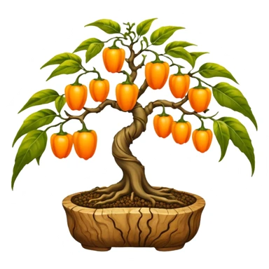Very Large decorative gnarled bonsai pepper plant with minuscule y round orange-yellow peppers on it  sticker
