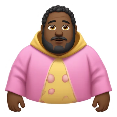 fat man with big huge hairy ears wearing pink poncho, EYES need to be CLOSED SHUT, big lips with visible yellow teeth, duble chin and with a potato nose, white skin color with messy black hair sticker