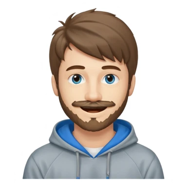 20 year old man, short scruffy beard and thin moustache, brown puffy mullet, blue eyes, big smile, white teeth, big lips, pronounced jaw, hair longer in back, sticking up on top, thin face, grey hooded sweatshirt, blue eyes sticker