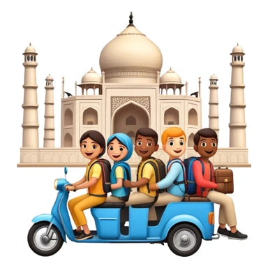 Emoji-style family traveling in India, visiting landmarks like the Taj Mahal and India Gate. Include backpacks, luggage, an auto-rickshaw, train, or bus. Cheerful and adventurous vibe with bright colors. sticker