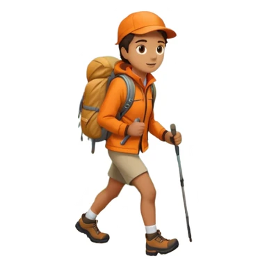 Person hiking through mountains, wearing orange jacket, carrying backpack, scenic landscape sticker