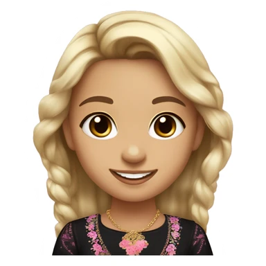 Slavic girl, light skin, brown eyes, black-to-blonde ombre straight tail, smiling with teeth, wearing beautiful dark blouse with a folk pattern of small pink flowers and gold necklace. sticker