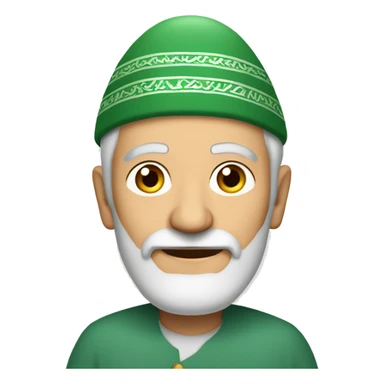 White short-bearded elderly Muslim man wearing a round green topi sticker