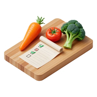 carrot tomato brocoli on the wooden cutting board with floating rolled paper list with checkbox sticker