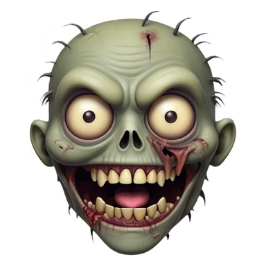Cinematic Comical Zombie Portrait Emoji, with a grotesquely exaggerated yet playful decaying face in muted ashen tones, head cocked in a dramatically shocked expression with wildly comical, googly eyes and a gaping, silly grin revealing quirky stitches, simplified yet hilariously expressive, highly detailed with a soft eerie glowing outline capturing the absurd humor of a zombie in comic disbelief! sticker