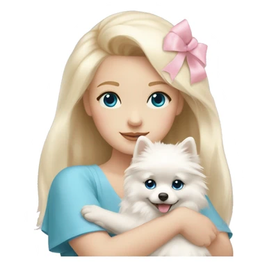 Blond girl white skin blue eyes hugging white Pomeranian with light pink bow sticker