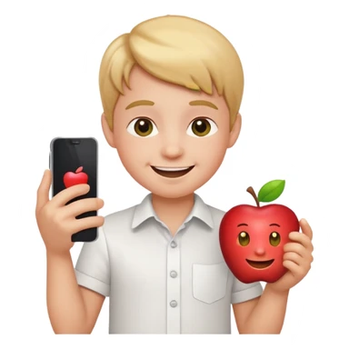 happy little kid with a phone, white shirt, apple style emoji sticker