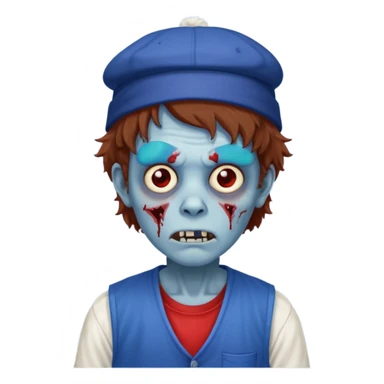 brown fluffy hair zombie with blue and white hat dark blue jilet red t shirt sticker