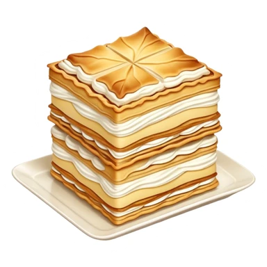 mille-feuille-cinematic-realistic-mille-feuille-dessert-emoji,-depicted-as-a-rectangular delicate-pastry-composed-of-two-crisp-layers-of-puff-pastry-with-a-rich-cream-filling,-rendered-with-intricate-textures-and-elegant,-soft-lighting. Please only show two layers only. sticker