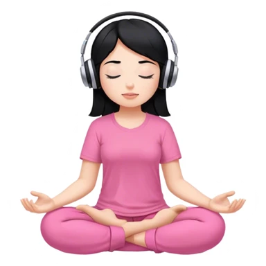 Chica de pelo negro con piel Blanca con los ojos cerrados escuchando musica en audifonos y con camisa rosa mientras medita sticker
