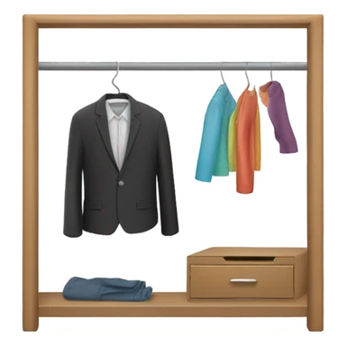 Design an emoji-style icon of an open wardrobe with clothes hanging inside. Include details like a wooden frame, hangers, and only black or white different clothing items such as shirts or any other clothing . Use a clean and minimalistic design. sticker