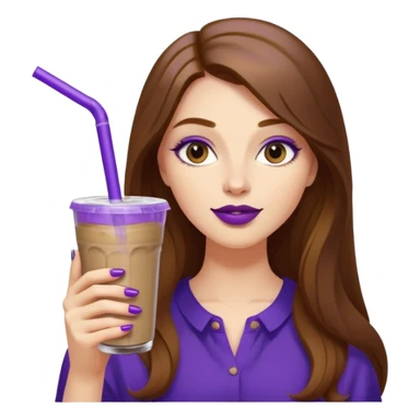 girl with long brown hair, wine lipstick, gold nail polish, drinking a blueberry butter pecan iced coffee with a purple straw  sticker