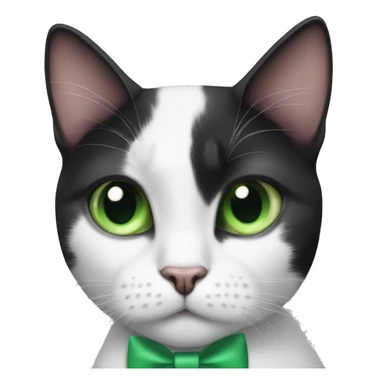black and white cat with green eyes and a bow tie sticker