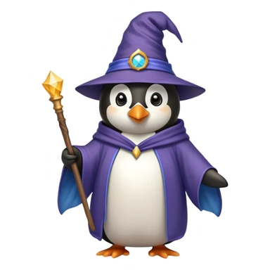 Penguin wearing wizard hat and robe holding a magic wand sticker